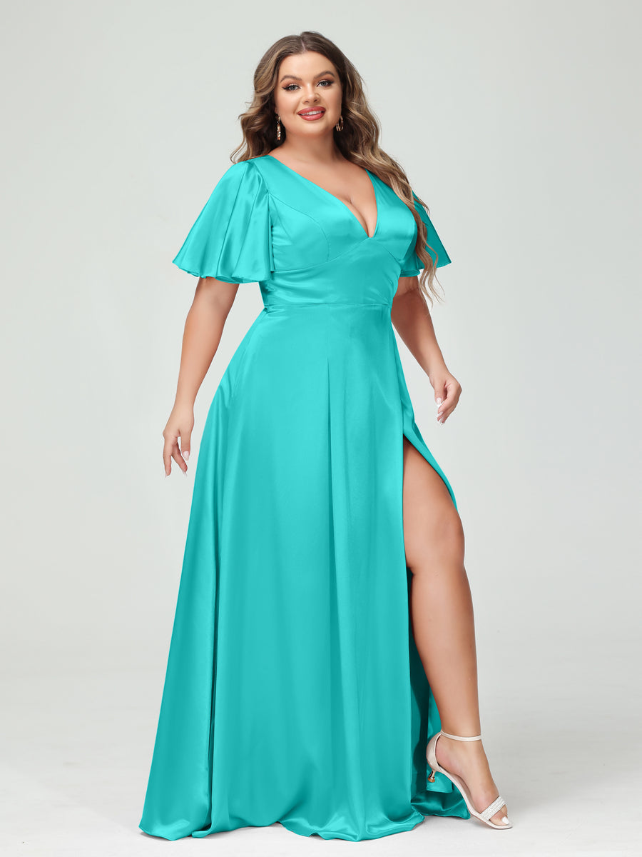 A-Line V-Neck Half Sleeves Silk Satin Plus Size Bridesmaid Dresses with Pockets Turquoise