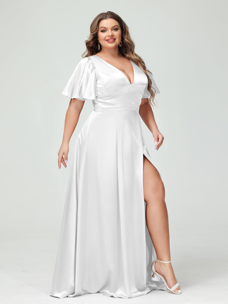 A-Line V-Neck Half Sleeves Silk Satin Plus Size Bridesmaid Dresses with Pockets White