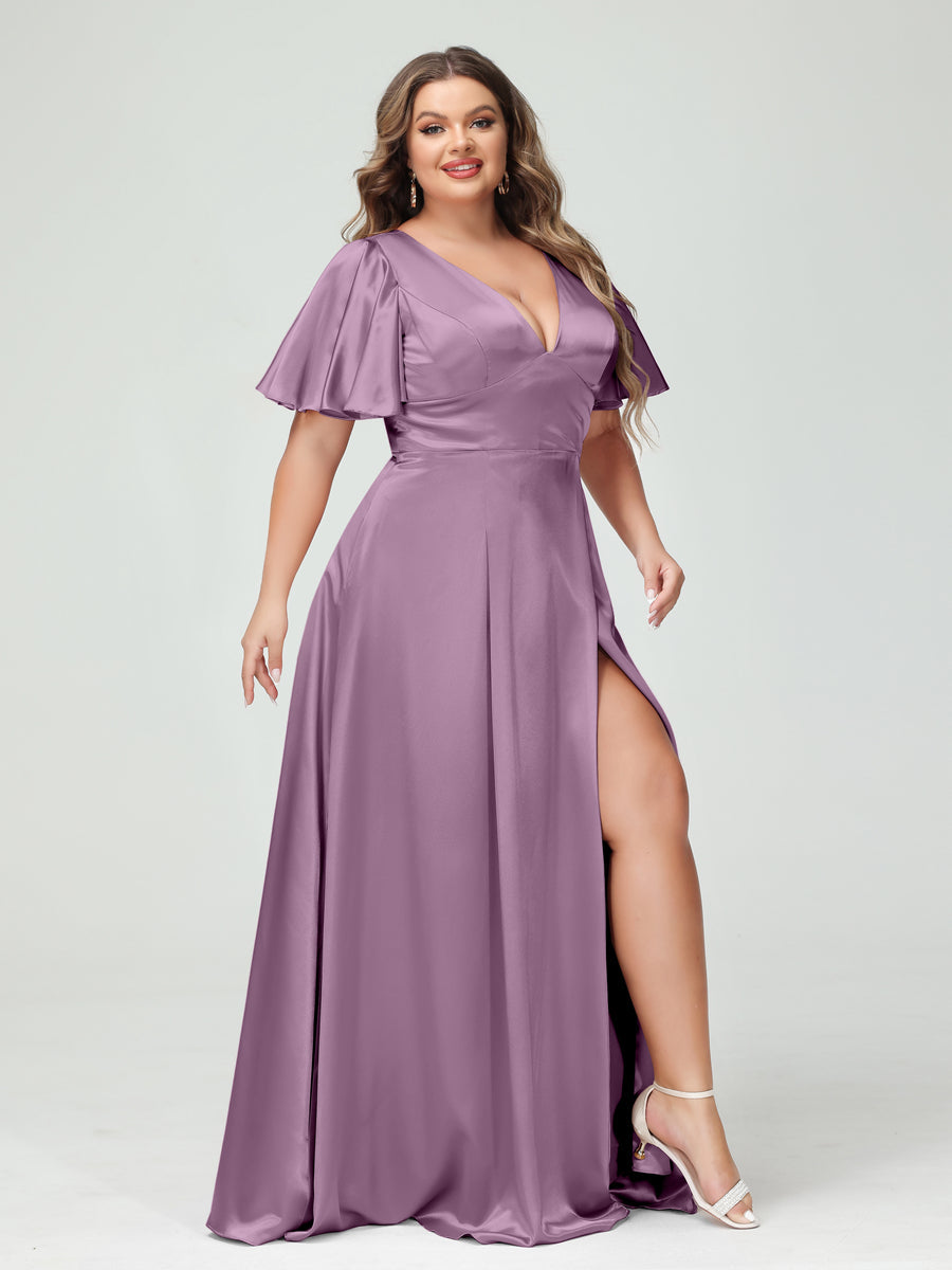 A-Line V-Neck Half Sleeves Silk Satin Plus Size Bridesmaid Dresses with Pockets Wisteria