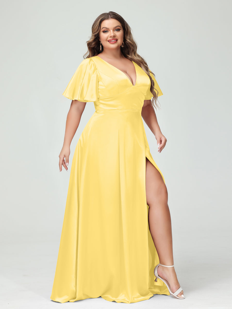 A-Line V-Neck Half Sleeves Silk Satin Plus Size Bridesmaid Dresses with Pockets Custom Color