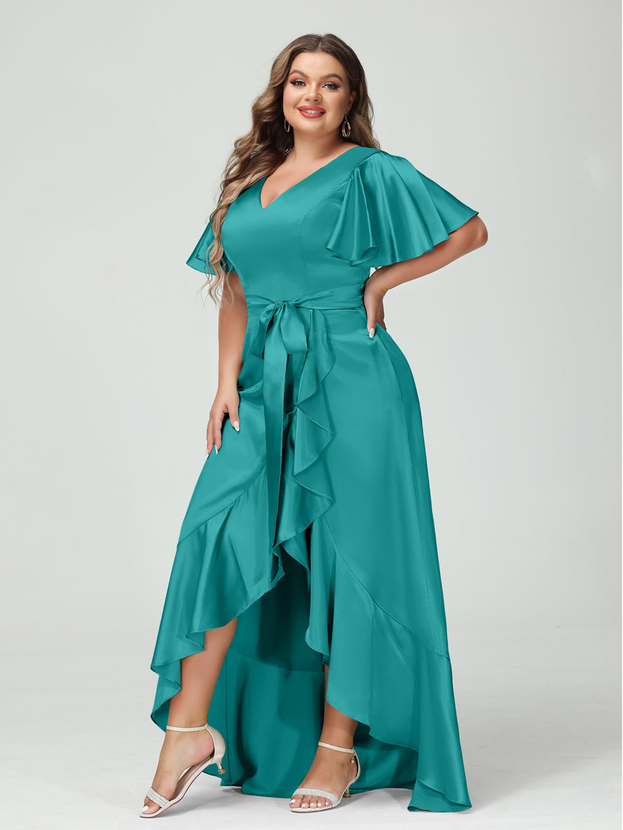 Sheath/Column V-Neck Short Sleeves Ruffles Asymmetrical Plus Size Dresses with Pockets & Sash Aqua Blue