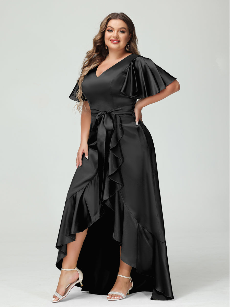 Sheath/Column V-Neck Short Sleeves Ruffles Asymmetrical Plus Size Dresses with Pockets & Sash Black