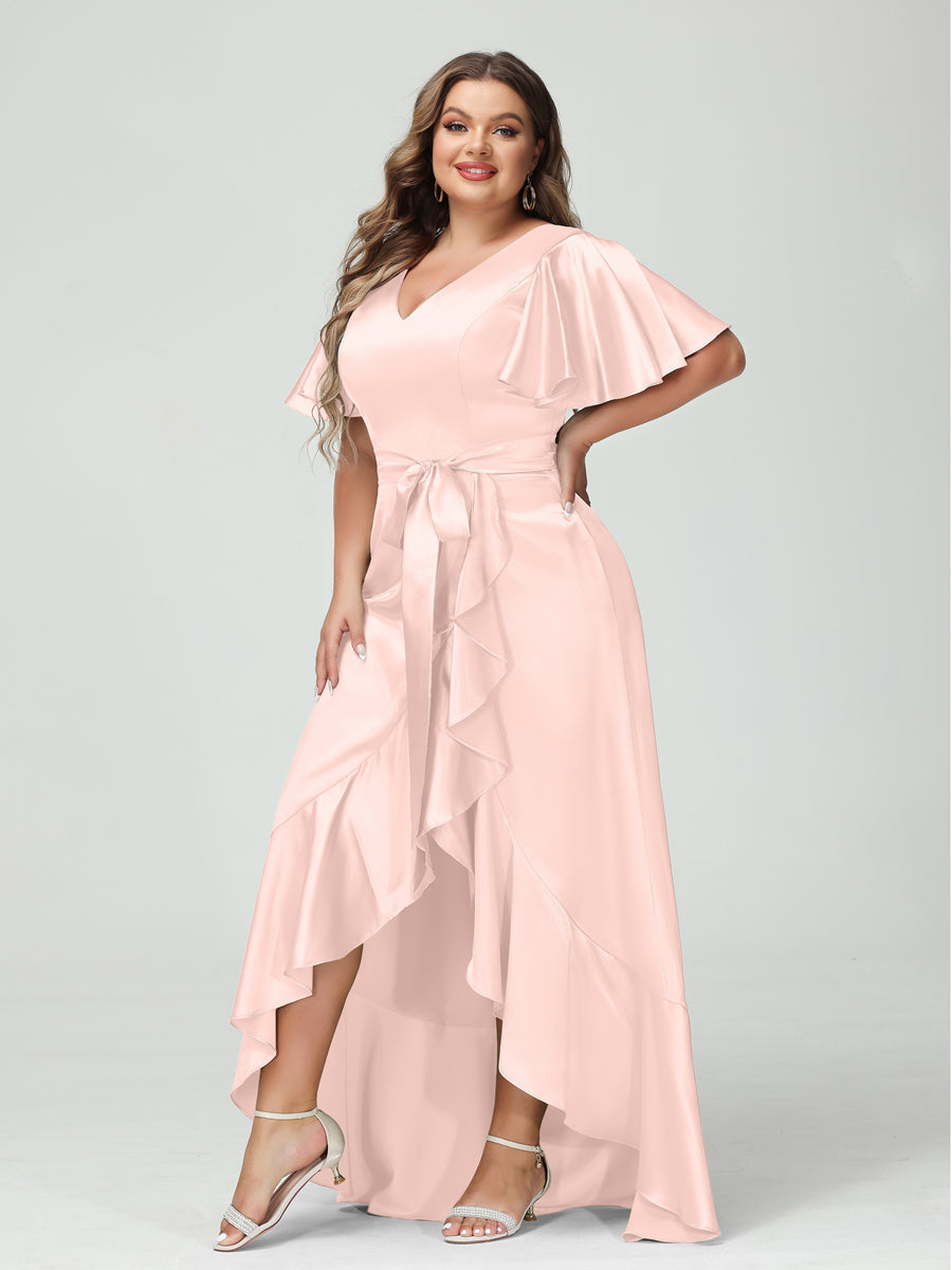 Sheath/Column V-Neck Short Sleeves Ruffles Asymmetrical Plus Size Dresses with Pockets & Sash Blush Pink