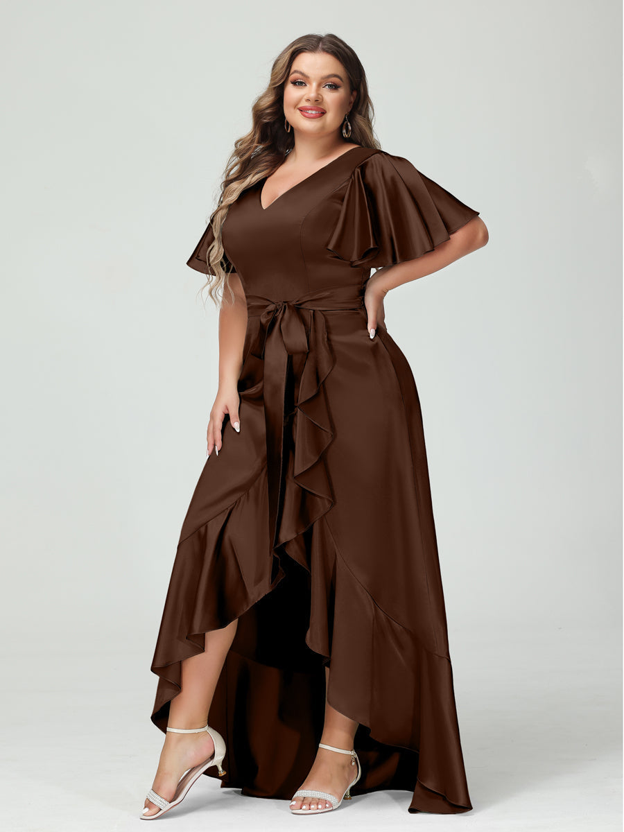 Sheath/Column V-Neck Short Sleeves Ruffles Asymmetrical Plus Size Dresses with Pockets & Sash Brown