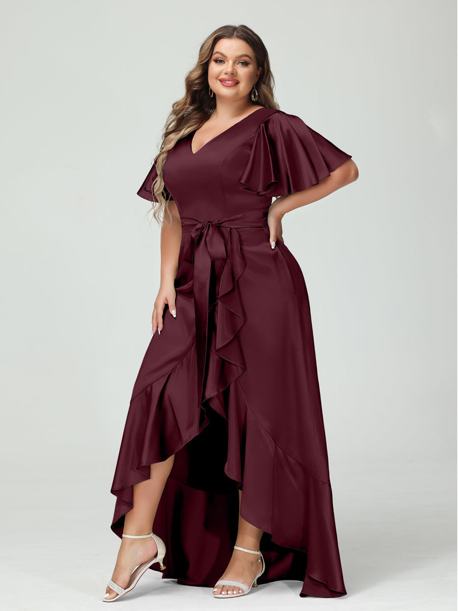 Sheath/Column V-Neck Short Sleeves Ruffles Asymmetrical Plus Size Dresses with Pockets & Sash Burgundy