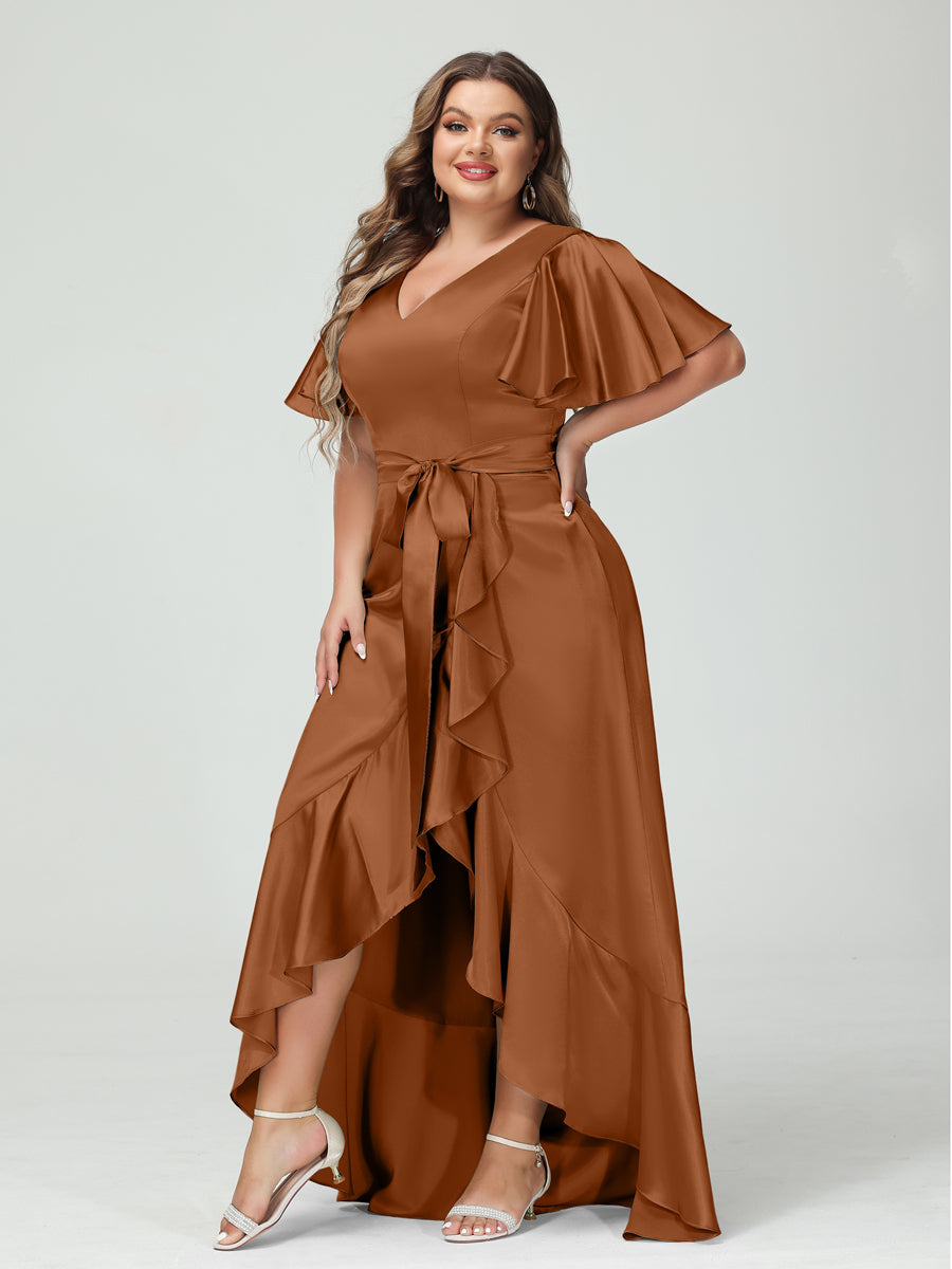 Sheath/Column V-Neck Short Sleeves Ruffles Asymmetrical Plus Size Dresses with Pockets & Sash Burnt Orange