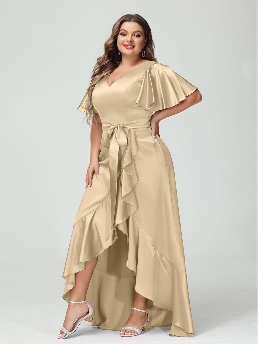 Sheath/Column V-Neck Short Sleeves Ruffles Asymmetrical Plus Size Dresses with Pockets & Sash Champagne