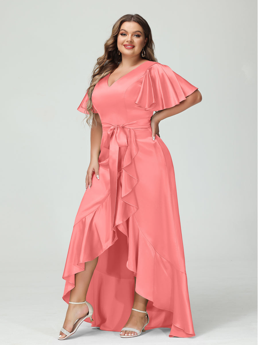 Sheath/Column V-Neck Short Sleeves Ruffles Asymmetrical Plus Size Dresses with Pockets & Sash Coral