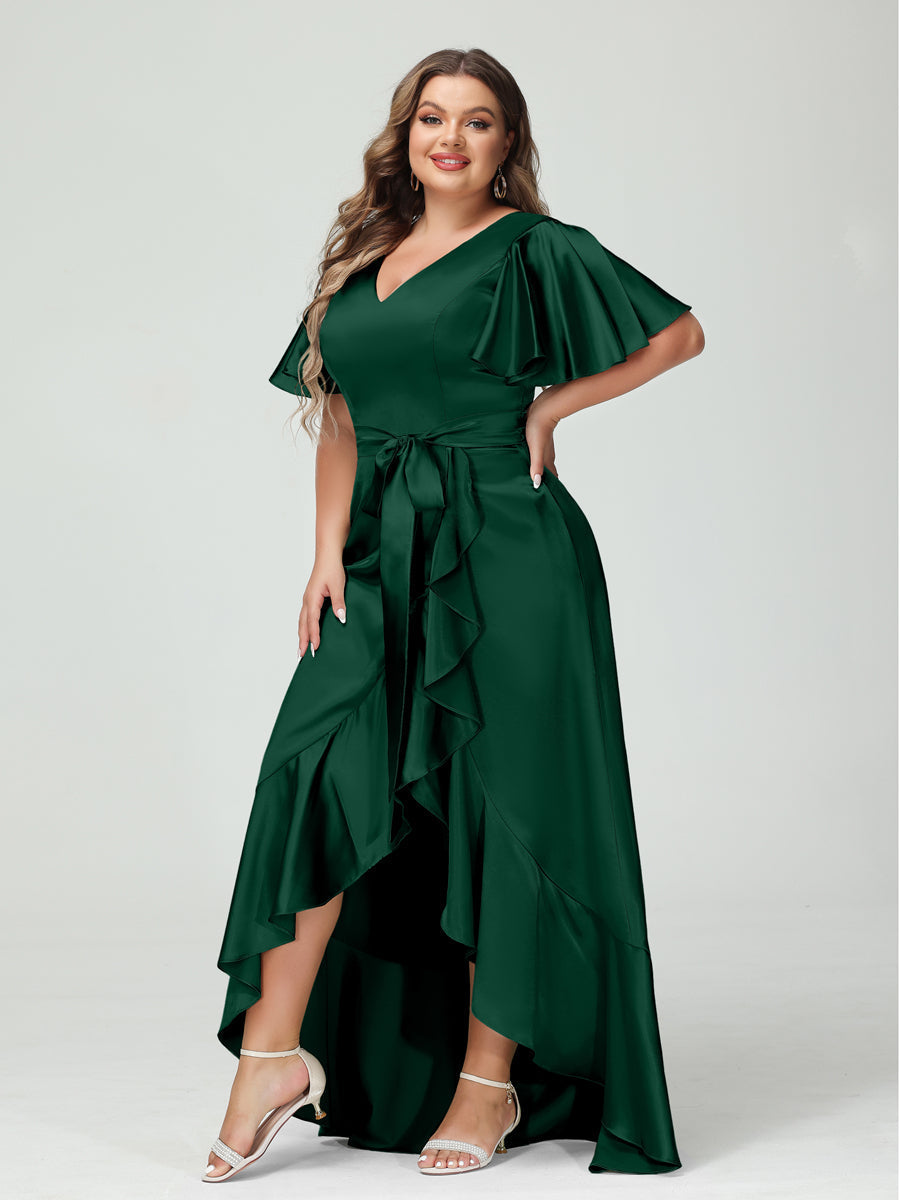 Sheath/Column V-Neck Short Sleeves Ruffles Asymmetrical Plus Size Dresses with Pockets & Sash Dark Green