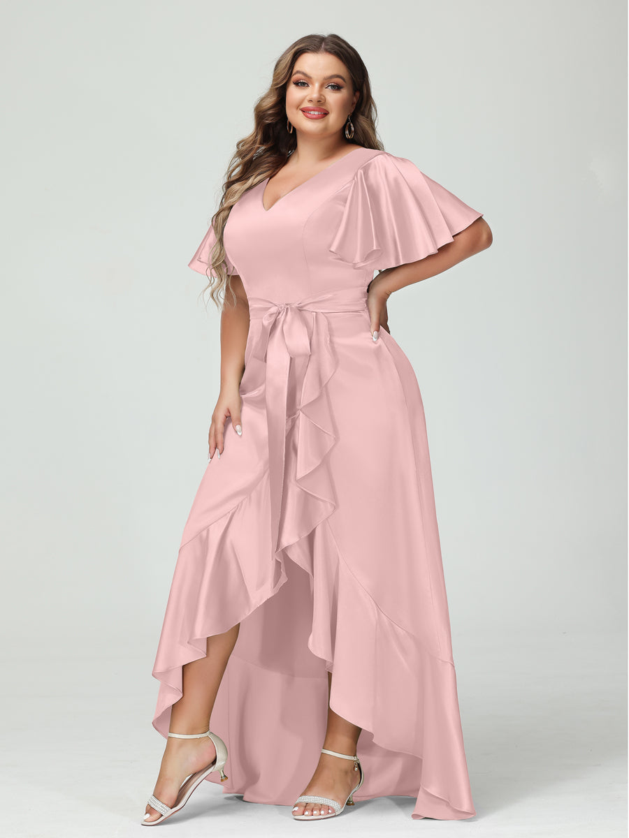 Sheath/Column V-Neck Short Sleeves Ruffles Asymmetrical Plus Size Dresses with Pockets & Sash Dusty Pink