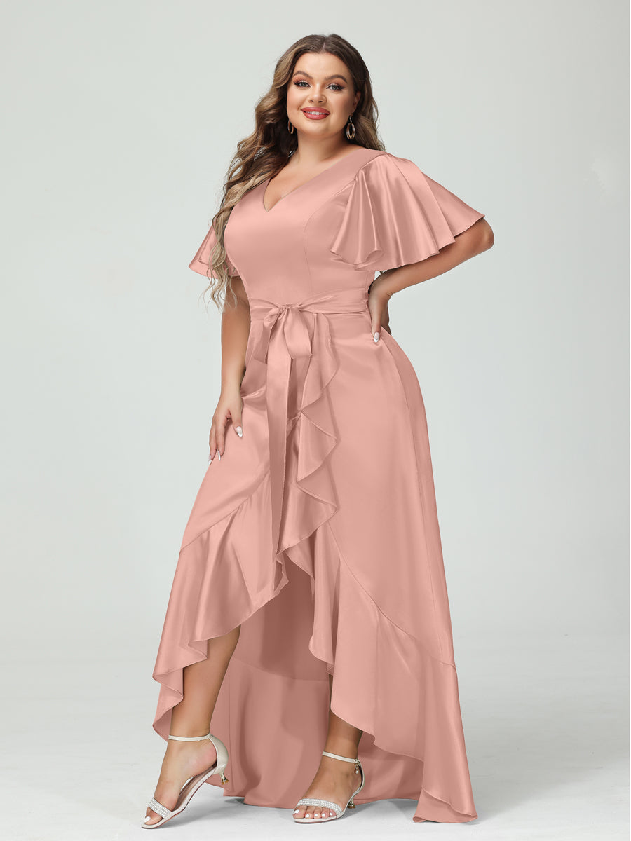 Sheath/Column V-Neck Short Sleeves Ruffles Asymmetrical Plus Size Dresses with Pockets & Sash Dusty Rose