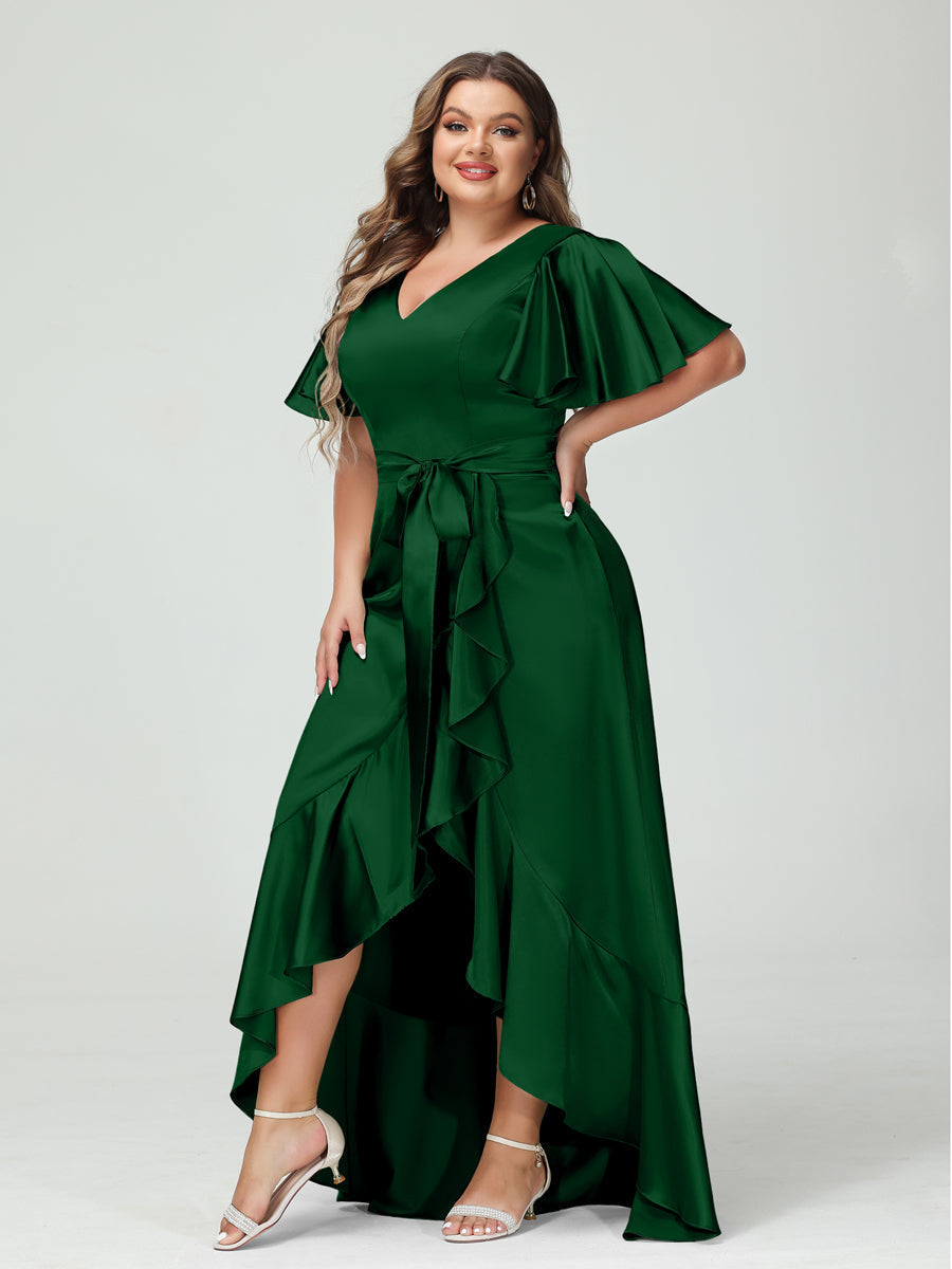 Sheath/Column V-Neck Short Sleeves Ruffles Asymmetrical Plus Size Dresses with Pockets & Sash Emerald