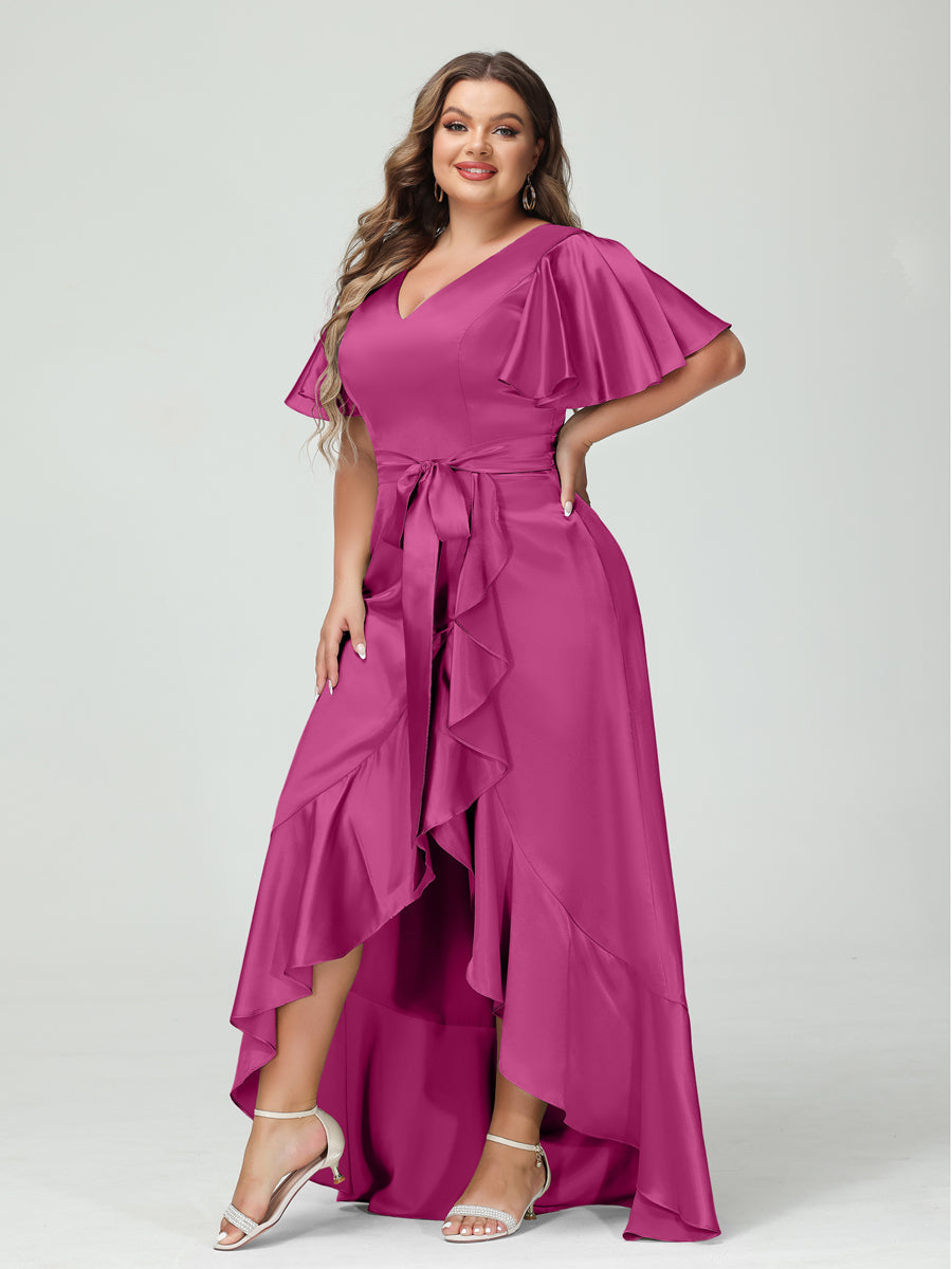 Sheath/Column V-Neck Short Sleeves Ruffles Asymmetrical Plus Size Dresses with Pockets & Sash Fuchsia