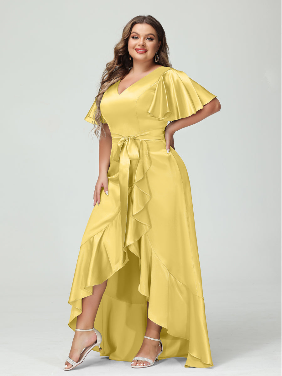 Sheath/Column V-Neck Short Sleeves Ruffles Asymmetrical Plus Size Dresses with Pockets & Sash Gold