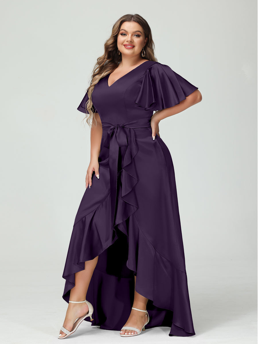 Sheath/Column V-Neck Short Sleeves Ruffles Asymmetrical Plus Size Dresses with Pockets & Sash Grape