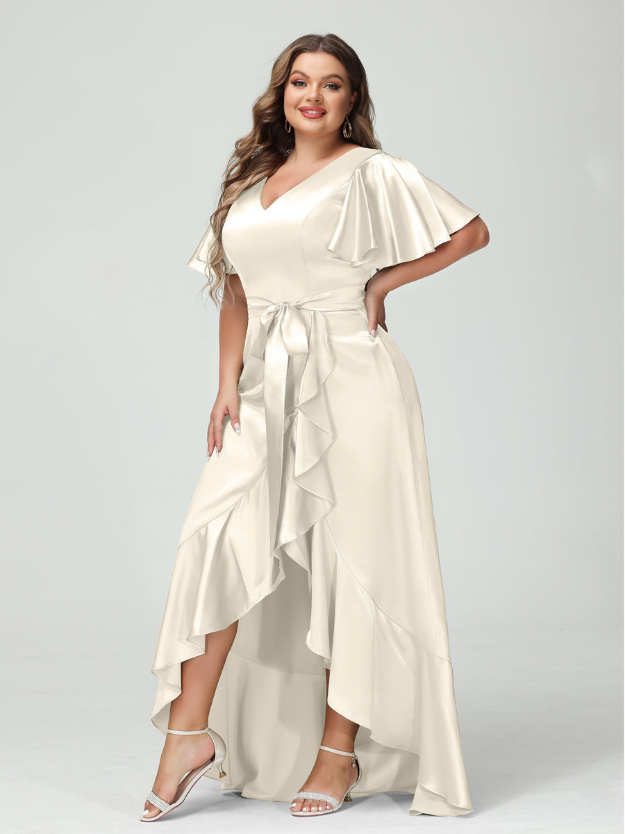 Sheath/Column V-Neck Short Sleeves Ruffles Asymmetrical Plus Size Dresses with Pockets & Sash Ivory