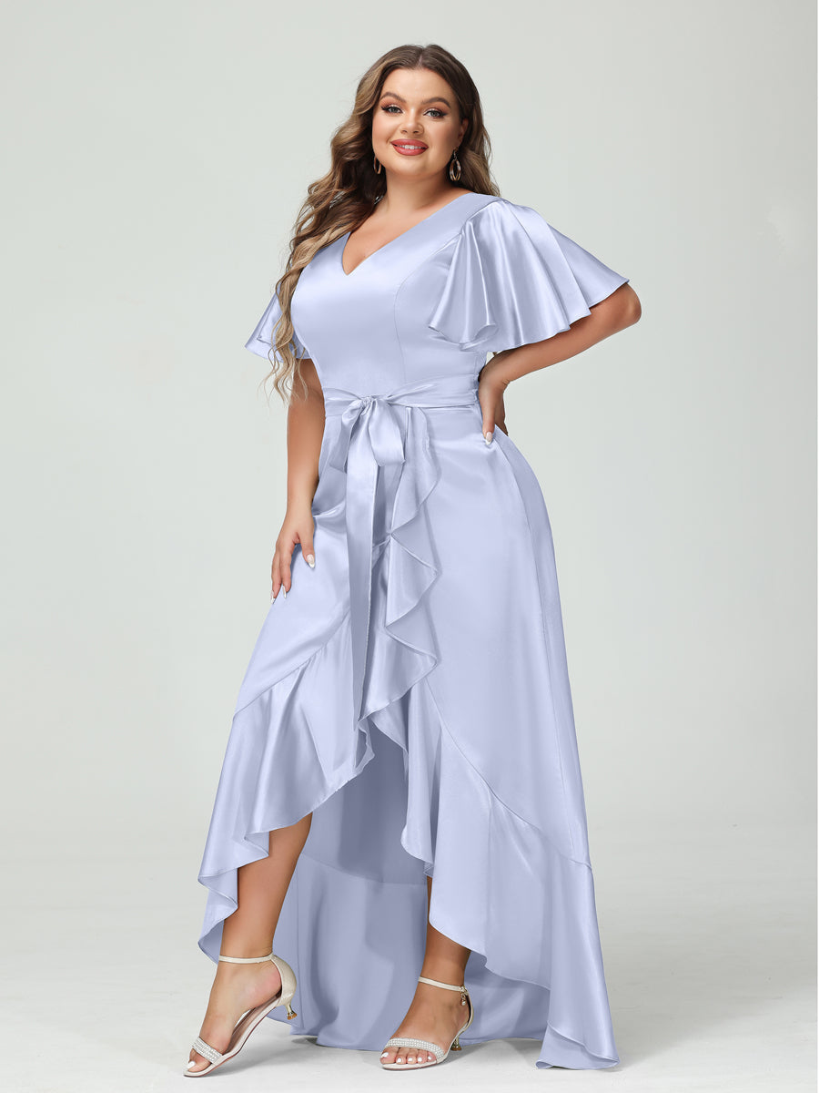 Sheath/Column V-Neck Short Sleeves Ruffles Asymmetrical Plus Size Dresses with Pockets & Sash Lavender