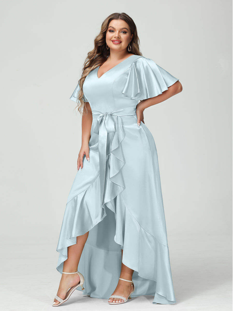 Sheath/Column V-Neck Short Sleeves Ruffles Asymmetrical Plus Size Dresses with Pockets & Sash Light Blue