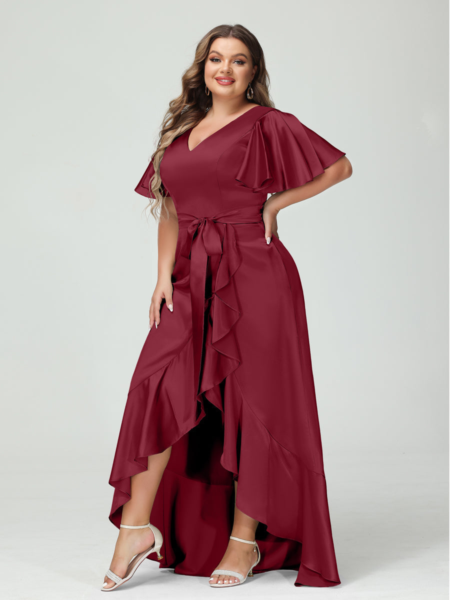 Sheath/Column V-Neck Short Sleeves Ruffles Asymmetrical Plus Size Dresses with Pockets & Sash Light Burgundy
