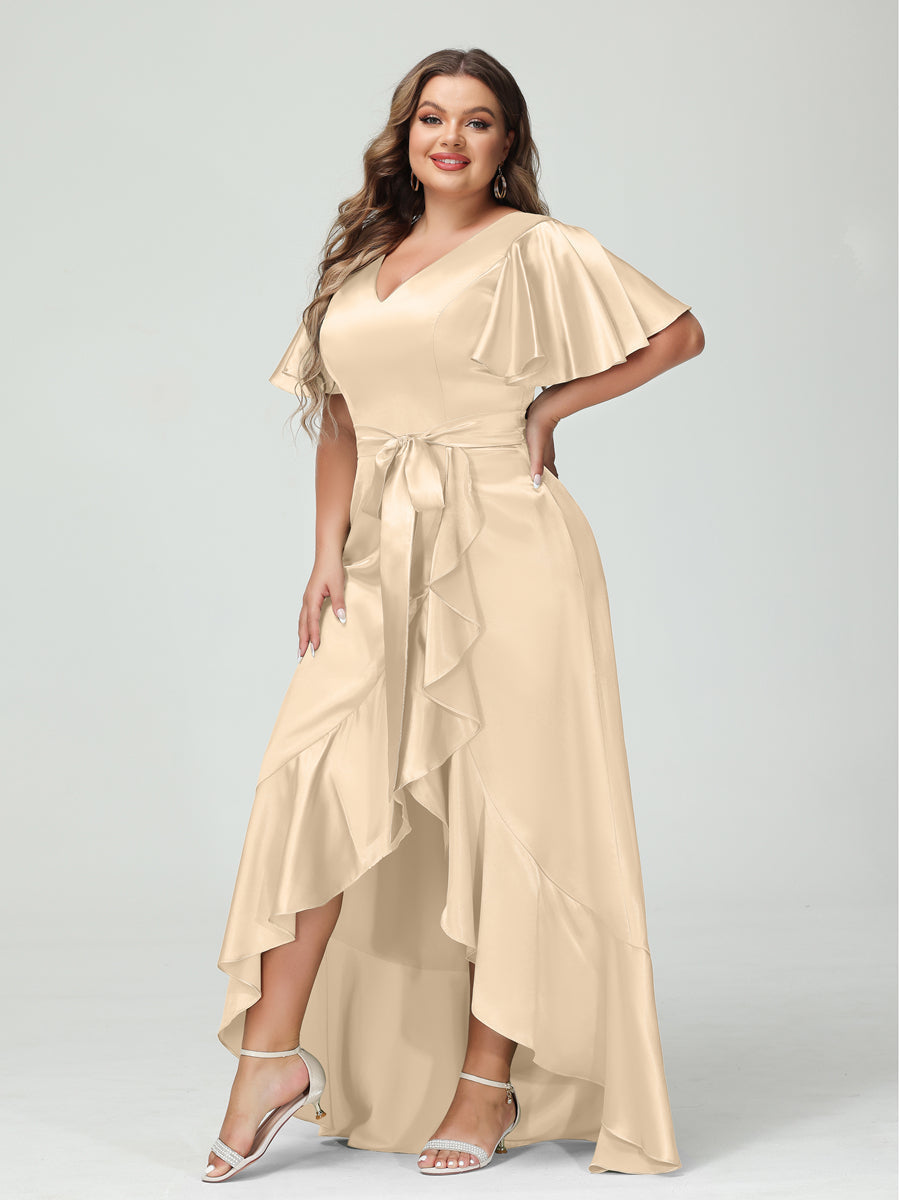 Sheath/Column V-Neck Short Sleeves Ruffles Asymmetrical Plus Size Dresses with Pockets & Sash Light Champagne