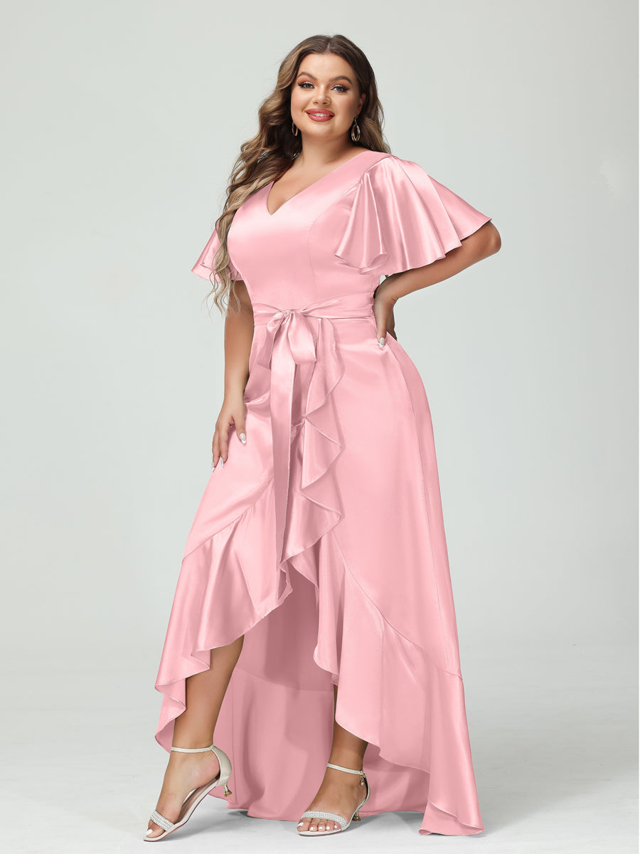 Sheath/Column V-Neck Short Sleeves Ruffles Asymmetrical Plus Size Dresses with Pockets & Sash Light Pink