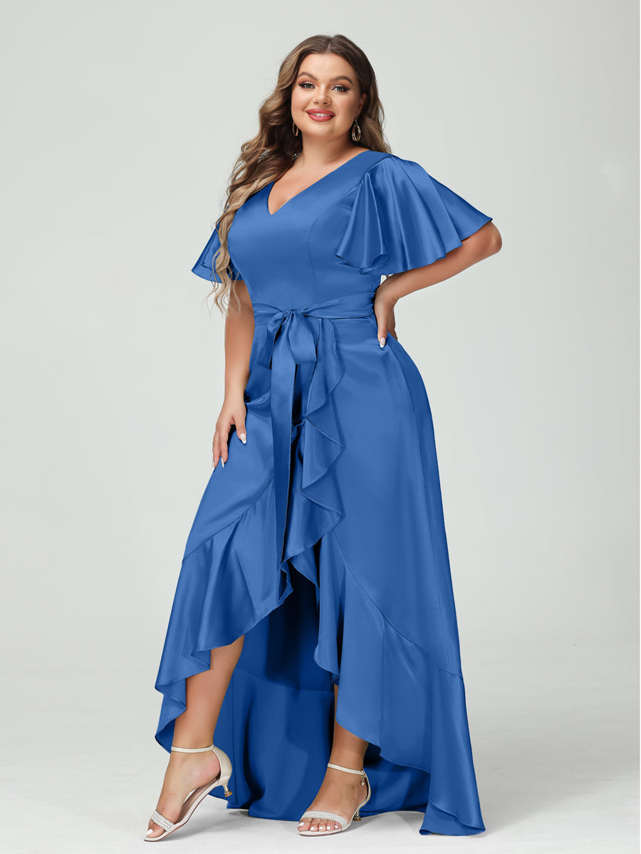 Sheath/Column V-Neck Short Sleeves Ruffles Asymmetrical Plus Size Dresses with Pockets & Sash Light Royal Blue