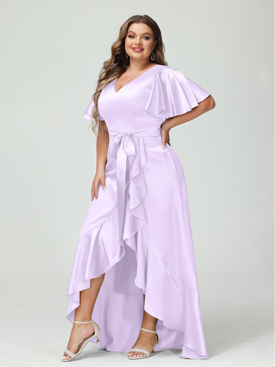 Sheath/Column V-Neck Short Sleeves Ruffles Asymmetrical Plus Size Dresses with Pockets & Sash Lilac