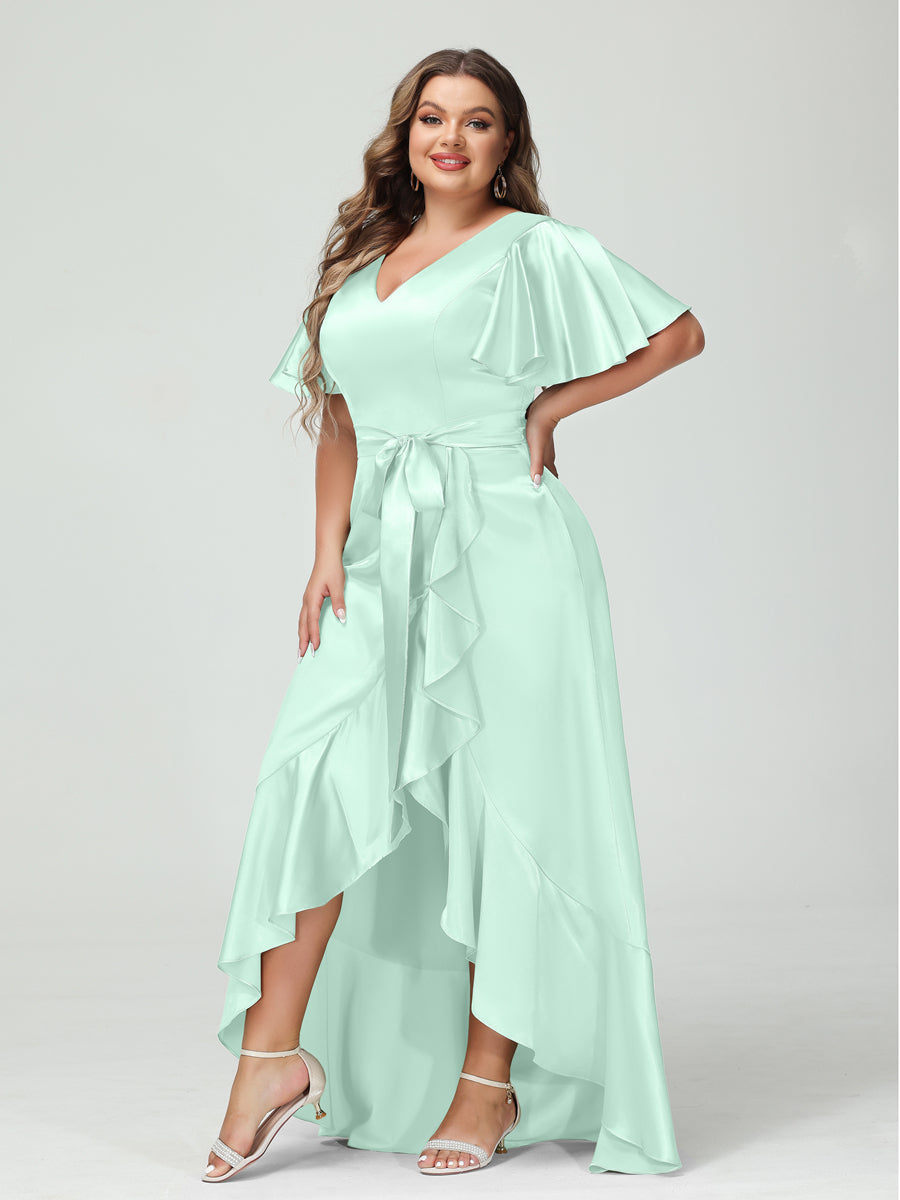Sheath/Column V-Neck Short Sleeves Ruffles Asymmetrical Plus Size Dresses with Pockets & Sash Mist Blue
