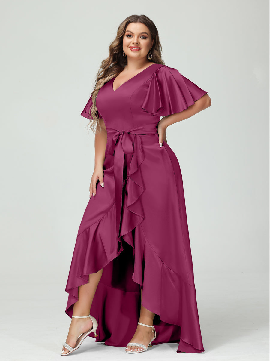 Sheath/Column V-Neck Short Sleeves Ruffles Asymmetrical Plus Size Dresses with Pockets & Sash Mulberry