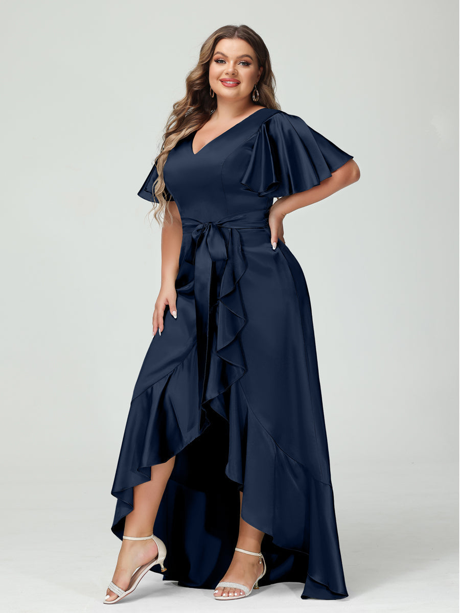 Sheath/Column V-Neck Short Sleeves Ruffles Asymmetrical Plus Size Dresses with Pockets & Sash Navy Blue