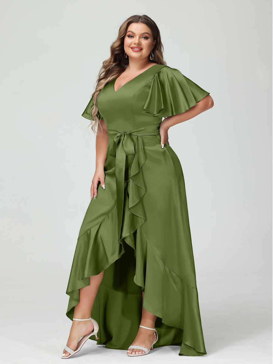 Sheath/Column V-Neck Short Sleeves Ruffles Asymmetrical Plus Size Dresses with Pockets & Sash Olive Green