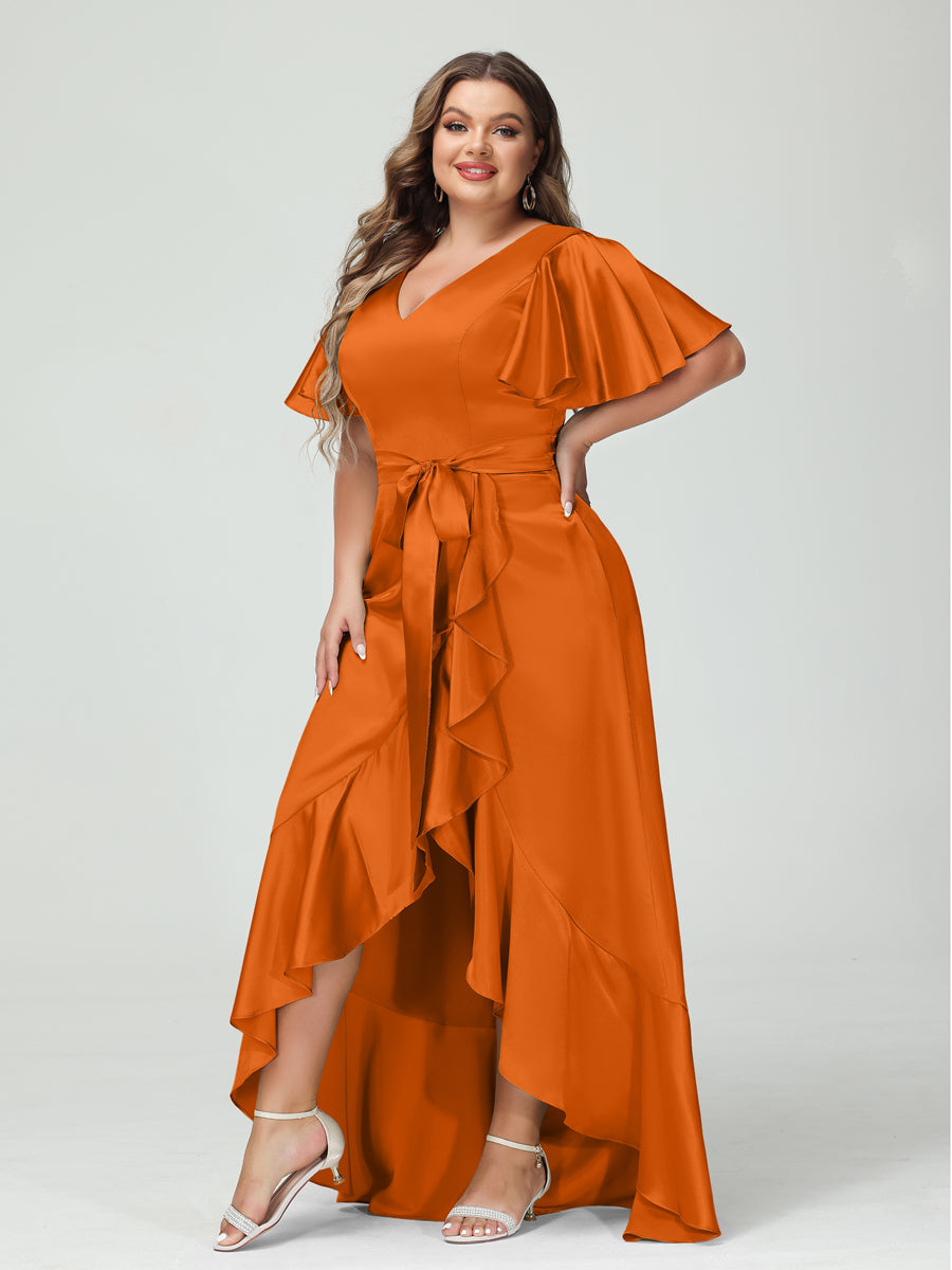 Sheath/Column V-Neck Short Sleeves Ruffles Asymmetrical Plus Size Dresses with Pockets & Sash Orange