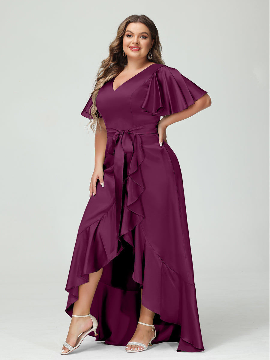 Sheath/Column V-Neck Short Sleeves Ruffles Asymmetrical Plus Size Dresses with Pockets & Sash Orchid