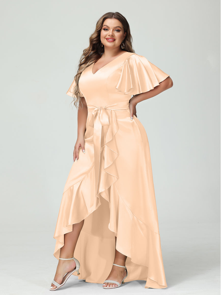 Sheath/Column V-Neck Short Sleeves Ruffles Asymmetrical Plus Size Dresses with Pockets & Sash Peach Pink