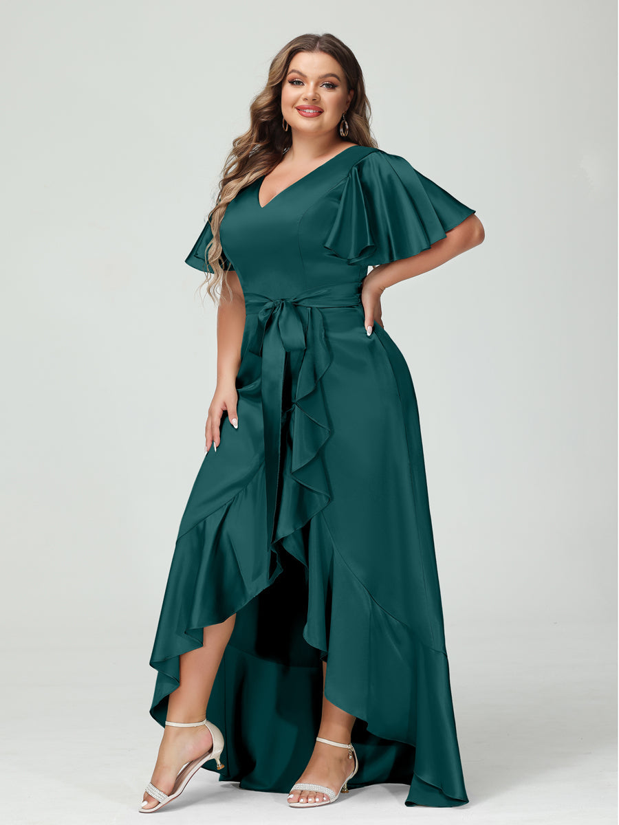 Sheath/Column V-Neck Short Sleeves Ruffles Asymmetrical Plus Size Dresses with Pockets & Sash Peacock