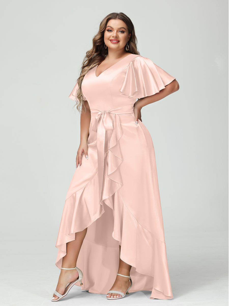 Sheath/Column V-Neck Short Sleeves Ruffles Asymmetrical Plus Size Dresses with Pockets & Sash Pearl Pink