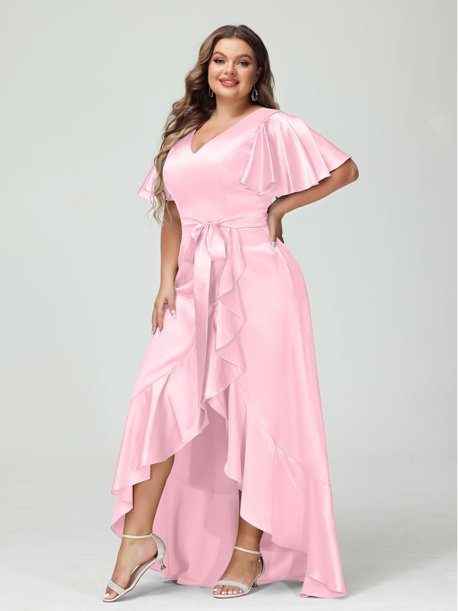 Sheath/Column V-Neck Short Sleeves Ruffles Asymmetrical Plus Size Dresses with Pockets & Sash Pink
