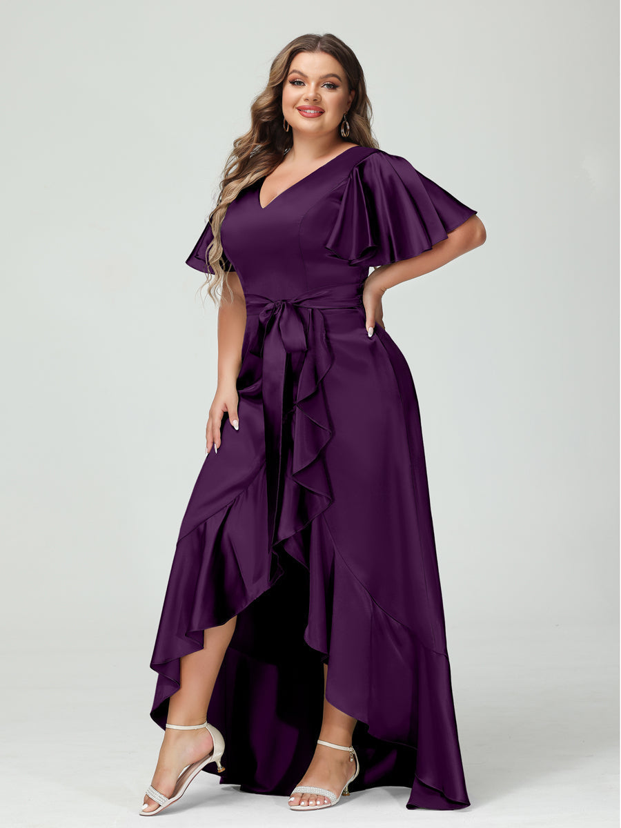 Sheath/Column V-Neck Short Sleeves Ruffles Asymmetrical Plus Size Dresses with Pockets & Sash Plum