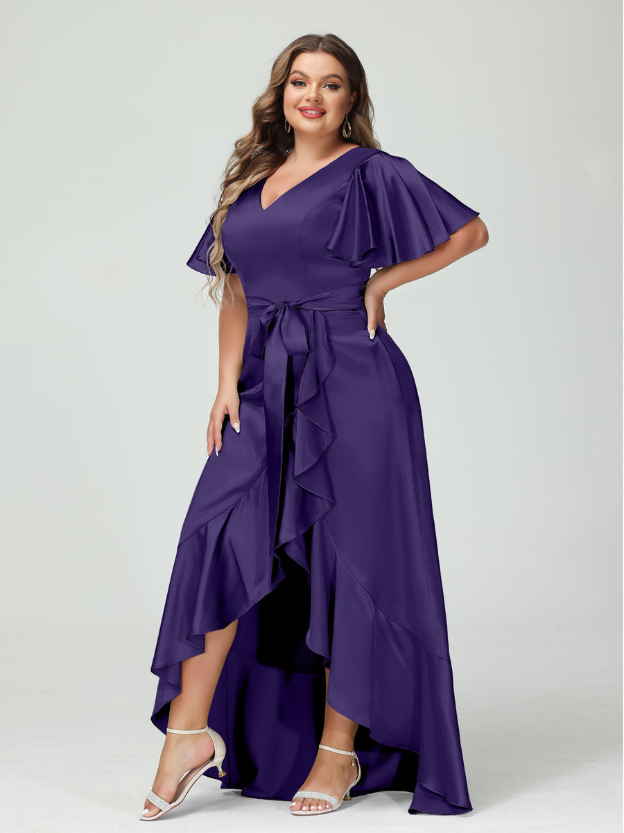 Sheath/Column V-Neck Short Sleeves Ruffles Asymmetrical Plus Size Dresses with Pockets & Sash Purple