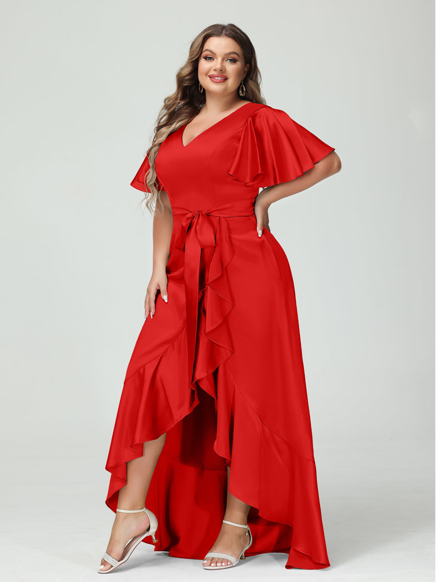 Sheath/Column V-Neck Short Sleeves Ruffles Asymmetrical Plus Size Dresses with Pockets & Sash Red