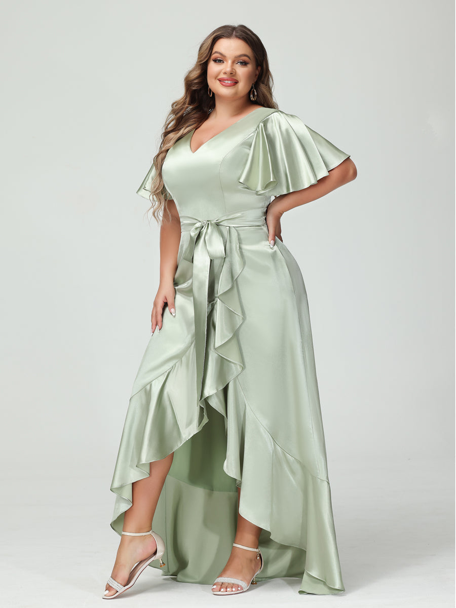 Sheath/Column V-Neck Short Sleeves Ruffles Asymmetrical Plus Size Dresses with Pockets & Sash Sage