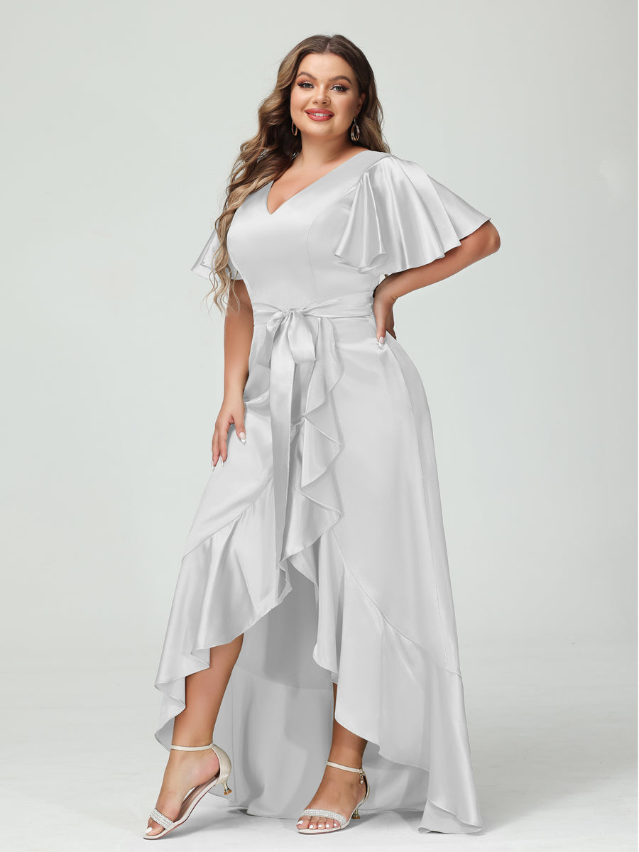 Sheath/Column V-Neck Short Sleeves Ruffles Asymmetrical Plus Size Dresses with Pockets & Sash Silver