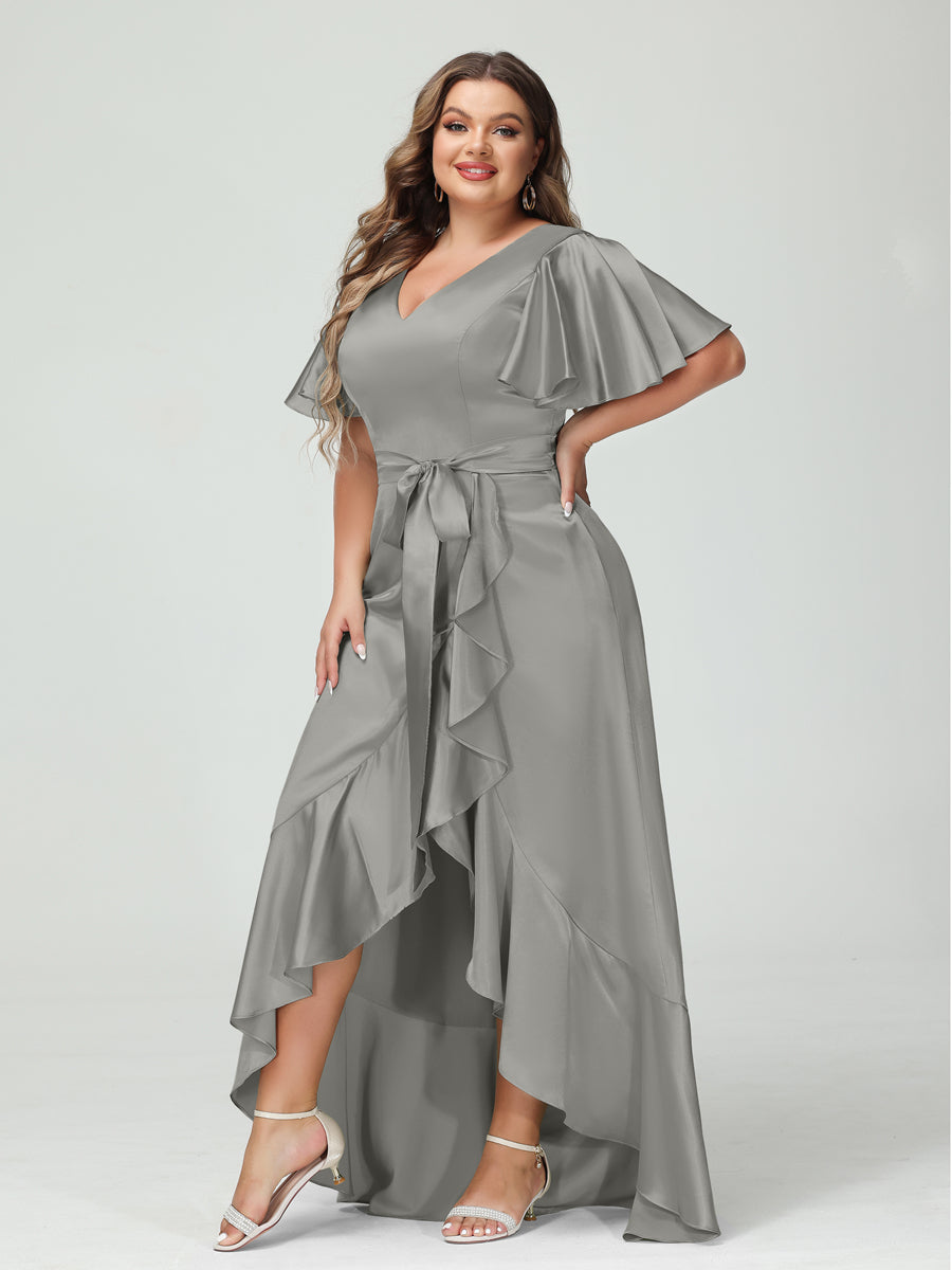 Sheath/Column V-Neck Short Sleeves Ruffles Asymmetrical Plus Size Dresses with Pockets & Sash Silver Gray