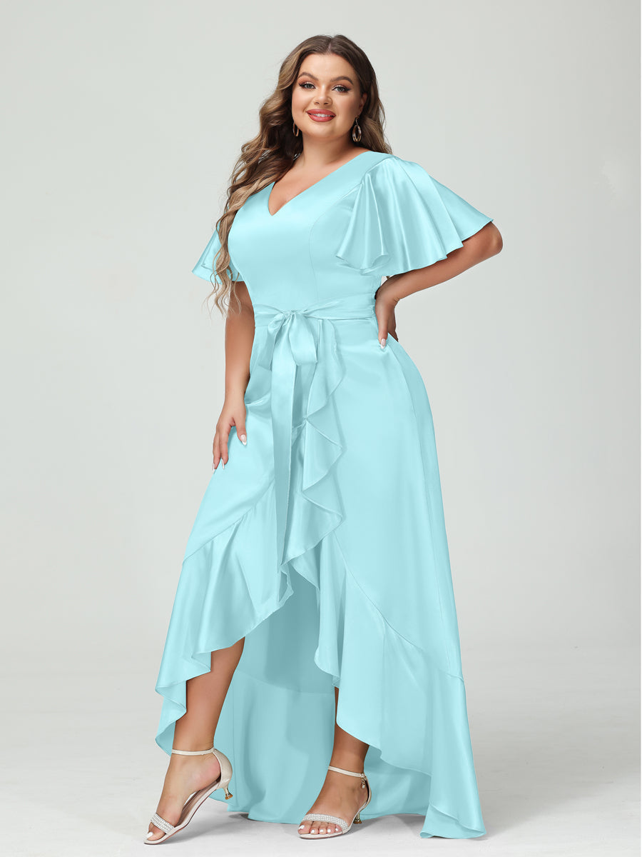 Sheath/Column V-Neck Short Sleeves Ruffles Asymmetrical Plus Size Dresses with Pockets & Sash Sky Blue