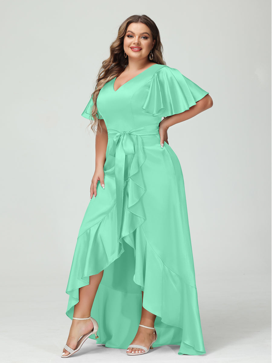 Sheath/Column V-Neck Short Sleeves Ruffles Asymmetrical Plus Size Dresses with Pockets & Sash Spa