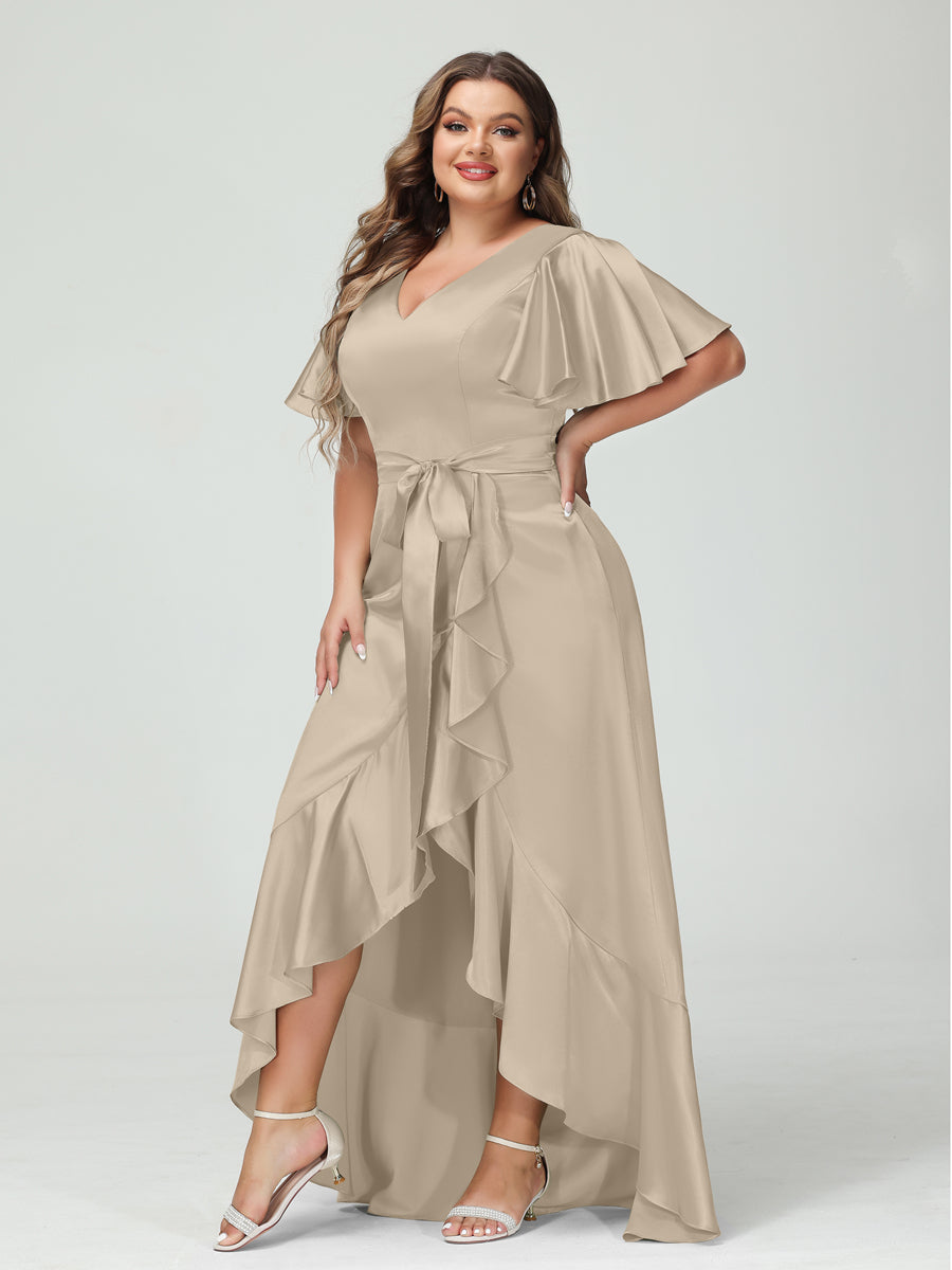 Sheath/Column V-Neck Short Sleeves Ruffles Asymmetrical Plus Size Dresses with Pockets & Sash Taupe