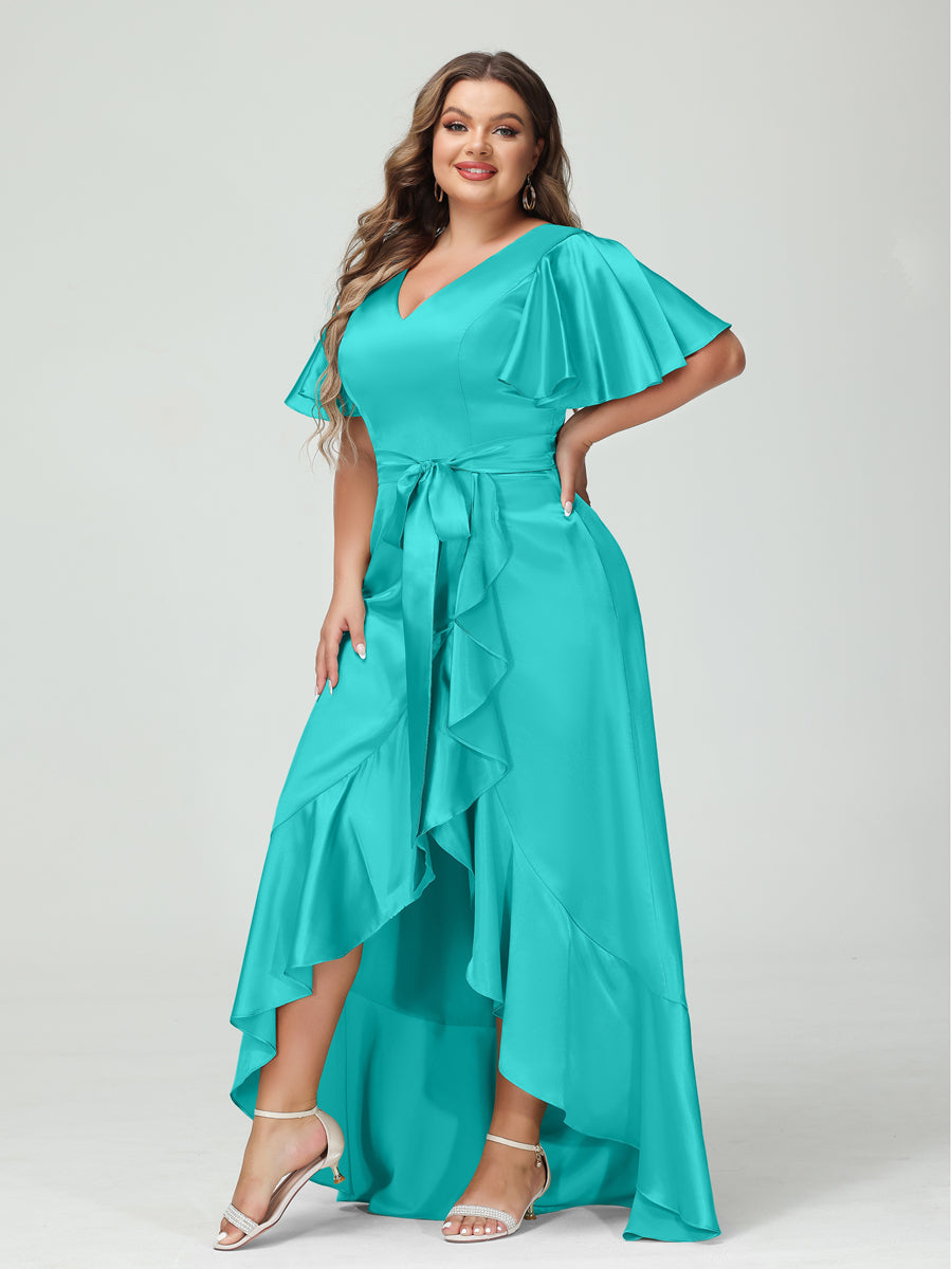 Sheath/Column V-Neck Short Sleeves Ruffles Asymmetrical Plus Size Dresses with Pockets & Sash Turquoise