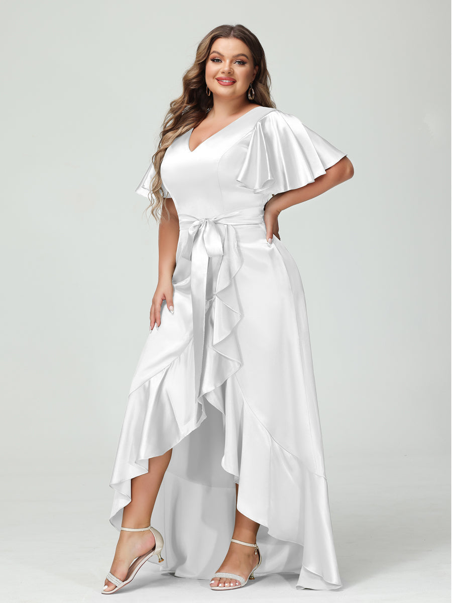 Sheath/Column V-Neck Short Sleeves Ruffles Asymmetrical Plus Size Dresses with Pockets & Sash White
