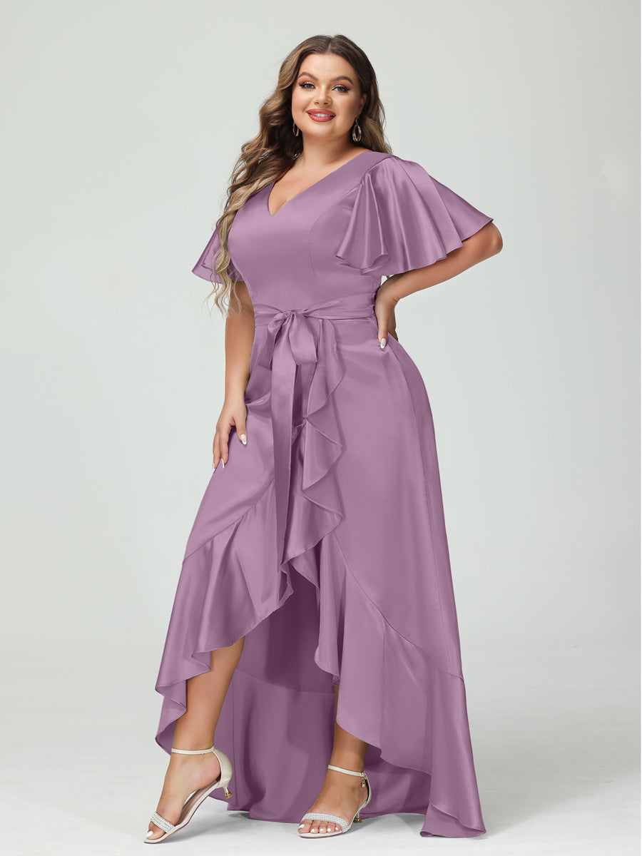 Sheath/Column V-Neck Short Sleeves Ruffles Asymmetrical Plus Size Dresses with Pockets & Sash Wisteria