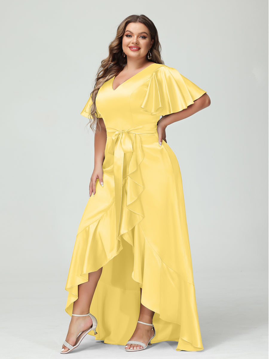 Sheath/Column V-Neck Short Sleeves Ruffles Asymmetrical Plus Size Dresses with Pockets & Sash Custom Color